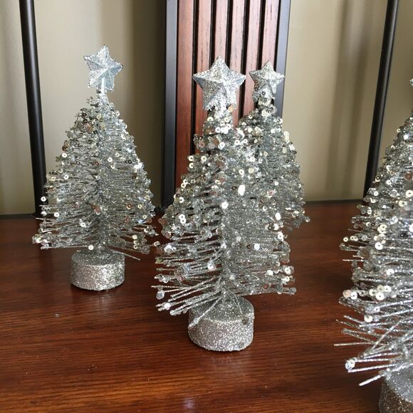 6 Silver Glitter Tabletop Decor Star Topped Bottle Brush Christmas Trees - Picture 2 of 16